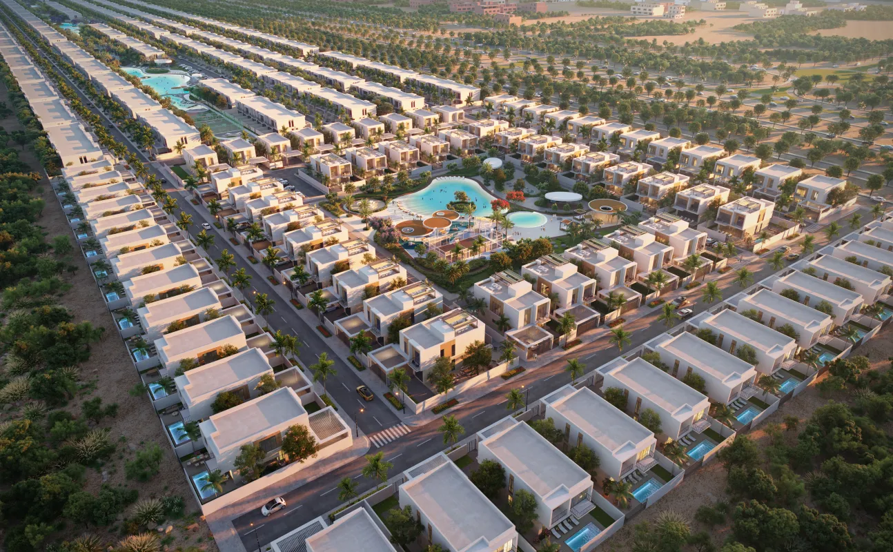 Aerial developer rendering of Sukoon by Sanzen villas and lagoon community in Al Tay East, Sharjah